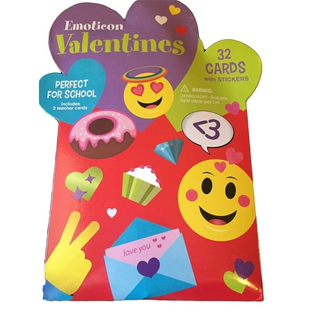 Emoticon Emoji 32 Class Valentine Cards with Stickers