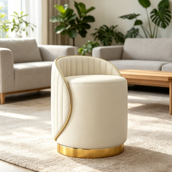 360 Rotating Makeup Stool Curved Backrest Faux Leather Vanity Seat Cream White Single Pack