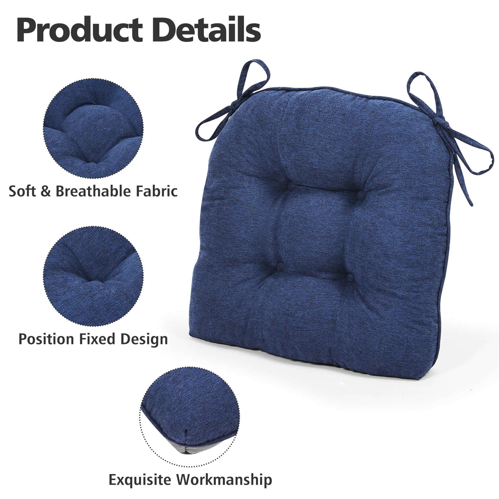 Shinnwa Chair Cushions for Kitchen Chairs Memory Foam Tufted Dining Chair Pads with Ties Non Slip Seat Cushions, Set of 2, Blue