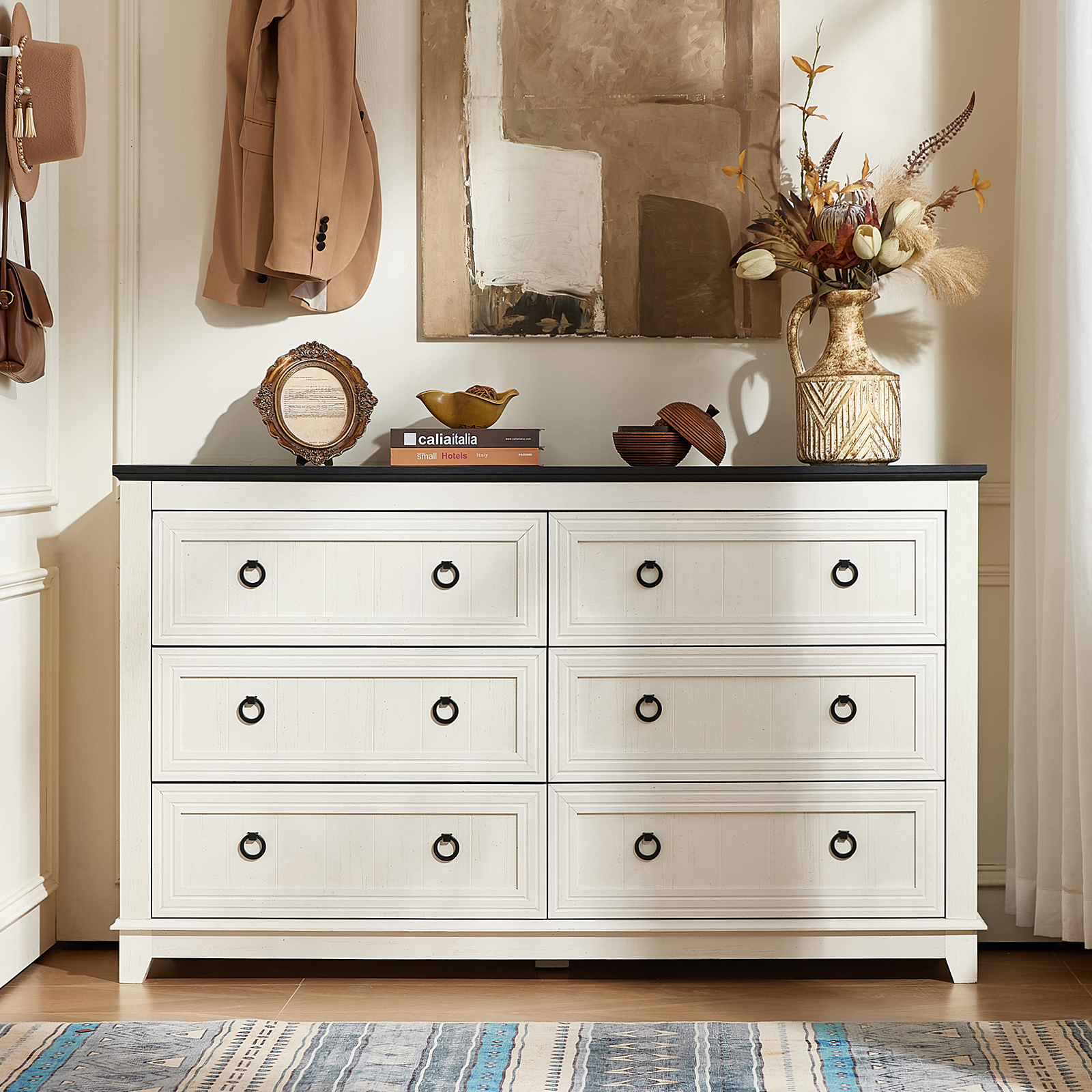 Joaxswe Dresser for Bedroom, Wide Dresser with 6 Drawers and Antique Handles, Chest of Drawers for Living Room, Entryway and Hallway, White