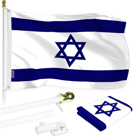 G128 6FT White Tangle-Free Flagpole & Israel Flag 3x5FT Printed 150D Polyester w/ Brass Grommets