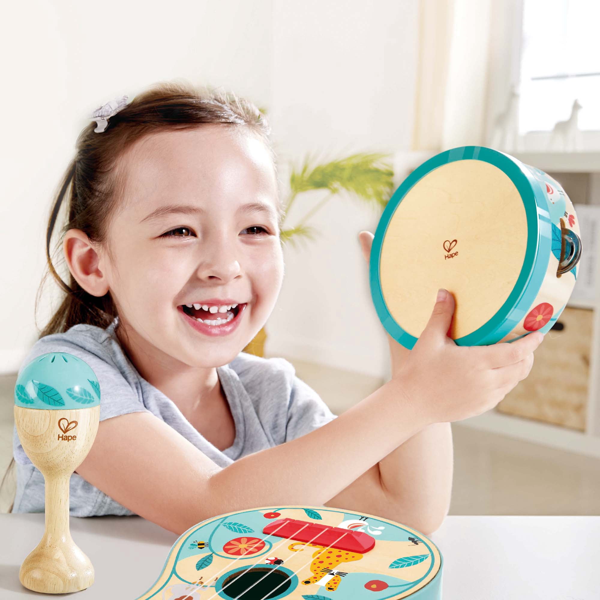 Hape: 4-In-1 Ukulele Set - 4pc Wooden Instrument Playset, Percussions Music Toys, Ukulele, Maraca, Castanet, Tambourine, Nature Design, Kids Ages 3+