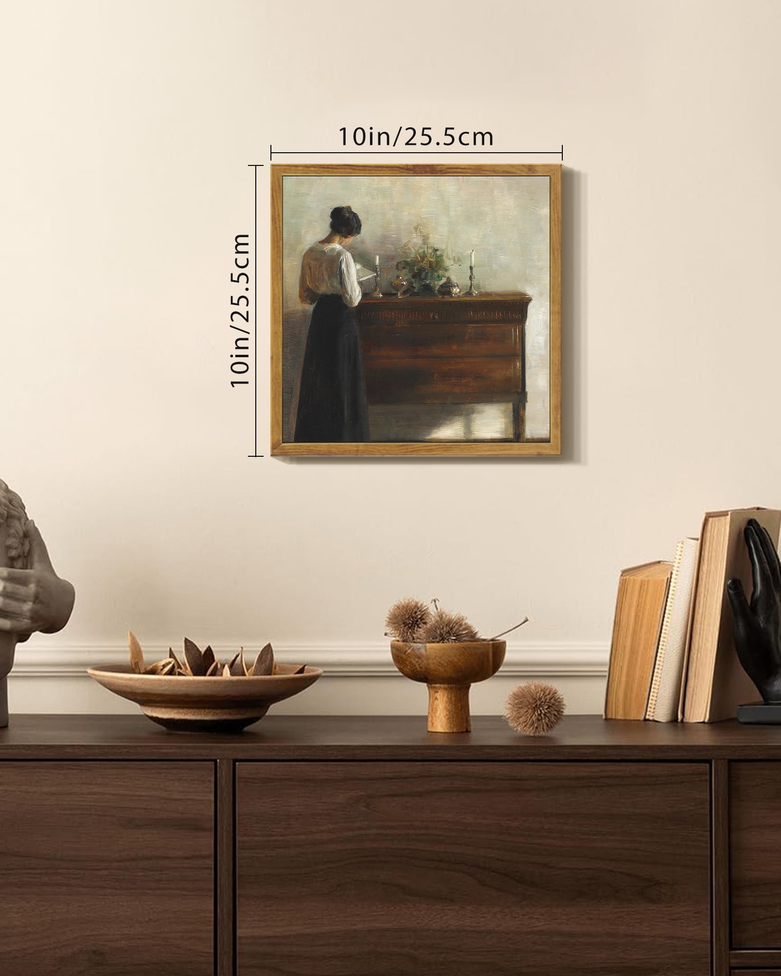 Drsoum Vintage Wall Art Classic Moody Elegant Woman Stands Reading a Book Victorian Wall Prints Kitchen Bathroom Office Decor 10x10in Natural Framed