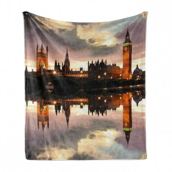 Urban Soft Flannel Fleece Throw Blanket, Surreal Evening at Big Ben London Historical Architecture British Town UK Scene, Cozy Plush for Indoor and Outdoor Use, 50" x 60", Cinnamon Grey, by Ambesonne