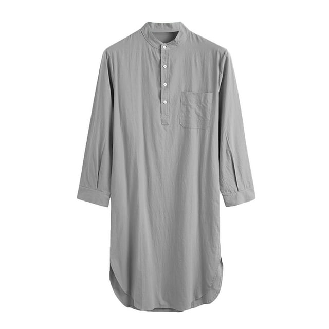 Mens Muslim Nightshirts Sleepwear Comfy Button Round Neck Long Sleeve Thobe Robe Mid-Length Nightgown Loose Nightwear