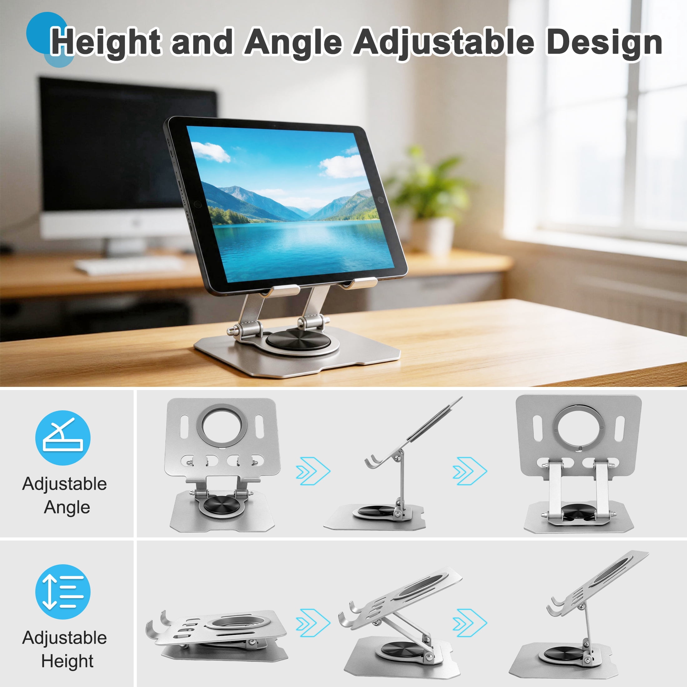 360° Rotating Tablet Stand, Universal Foldable Aluminum Alloy Tablet Holder, Height Angle Adjustable Desktop Tablet Mount, Multi‑Angle Stand for Tablet Phone