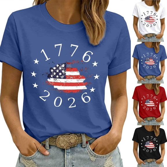 American Flag T Shirts Women 4th of July Patriotic USA Stars Graphic Short Sleeve Crewneck Tees 250th Birthday Independence Day Tops