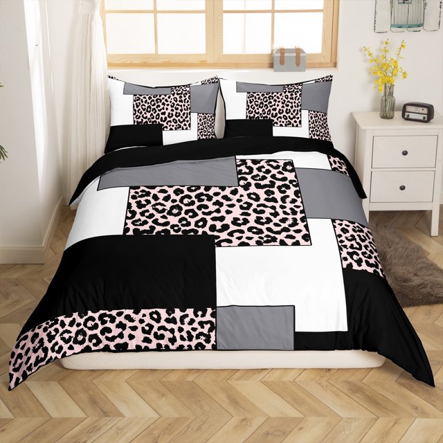 YST Striped Duvet Cover for Boys,Abstract Leopard Printed Bedding Set,Modern Square Bed Sets,Black Geometric Reversible Quilt Cover with 2 Pillowcases,Full,no Comforter