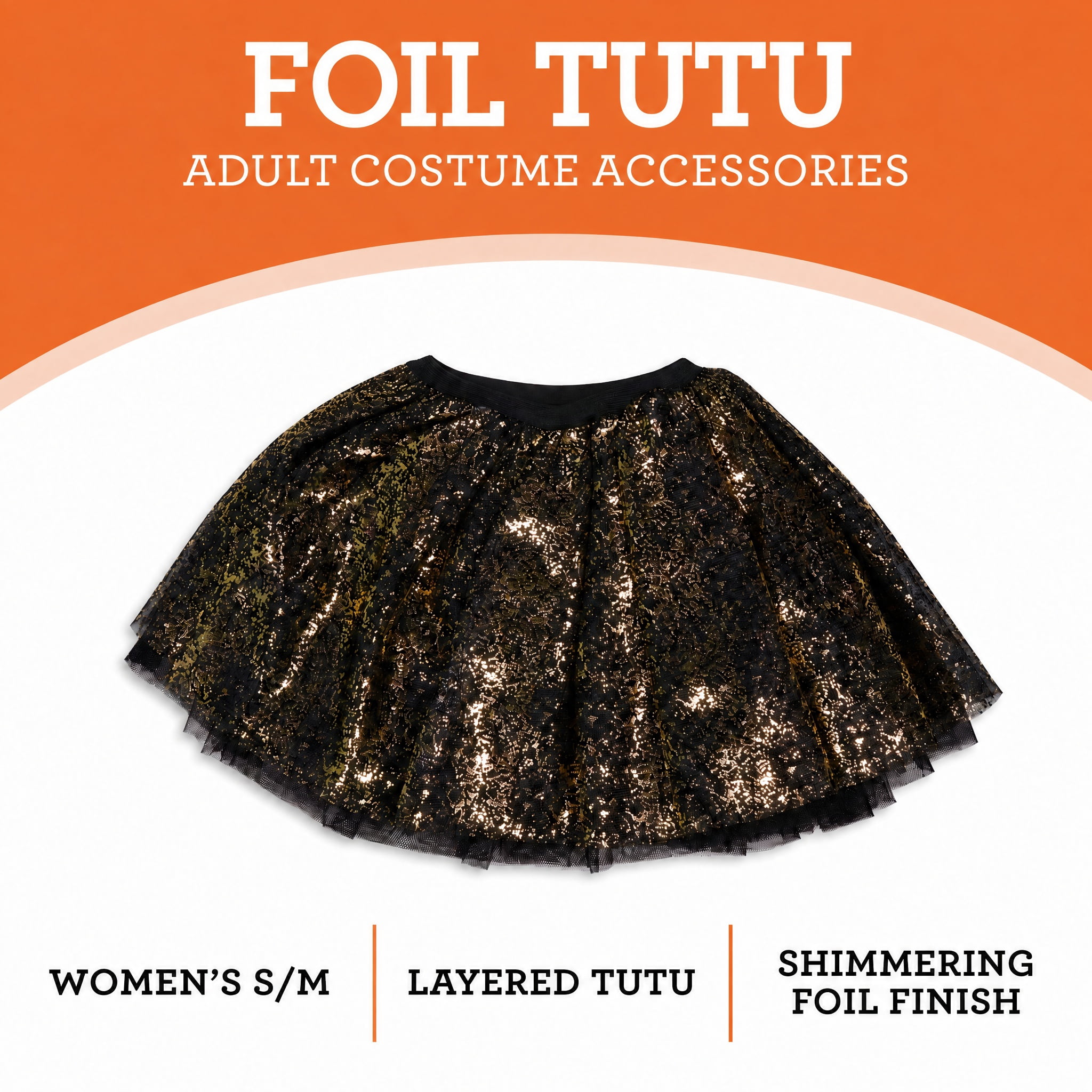Foil Tutu Costume Accessory for Adults, Black and Gold, S/M, Halloween by Way To Celebrate
