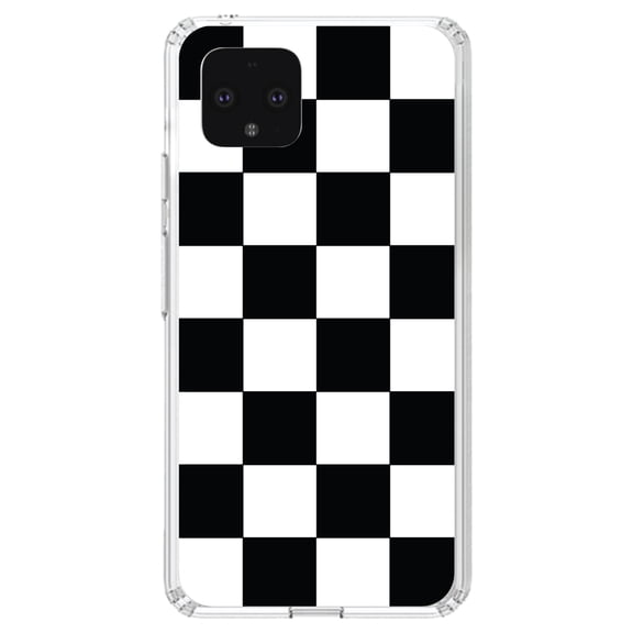 DistinctInk Clear Shockproof Hybrid Case for Google Pixel 4 (5.7" Screen) - TPU Bumper, Acrylic Back, Tempered Glass Screen Protector - Black White Checkered Flag Geometric - Checkered Pattern