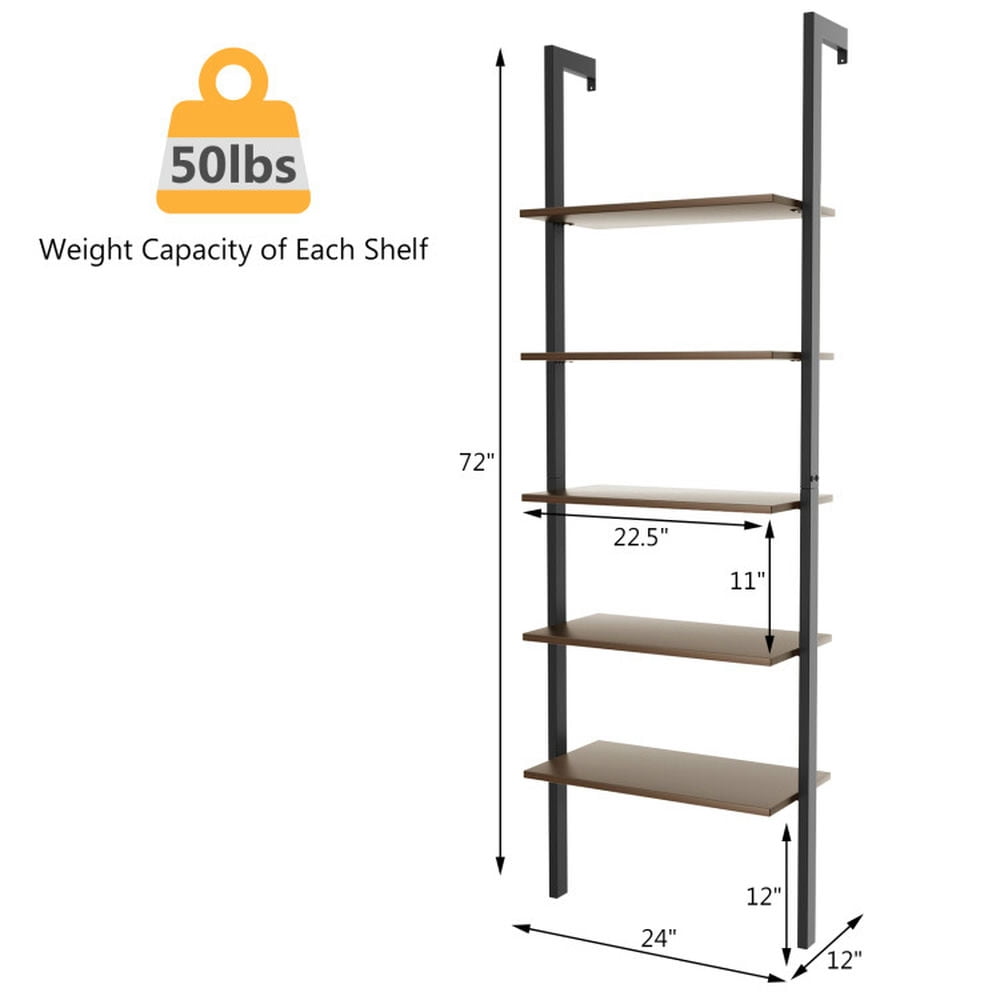 Demi Bonn 5-Tier Wood Look Ladder Shelf with Metal Frame for Home, Multipurpose Open Bookshelf, Black