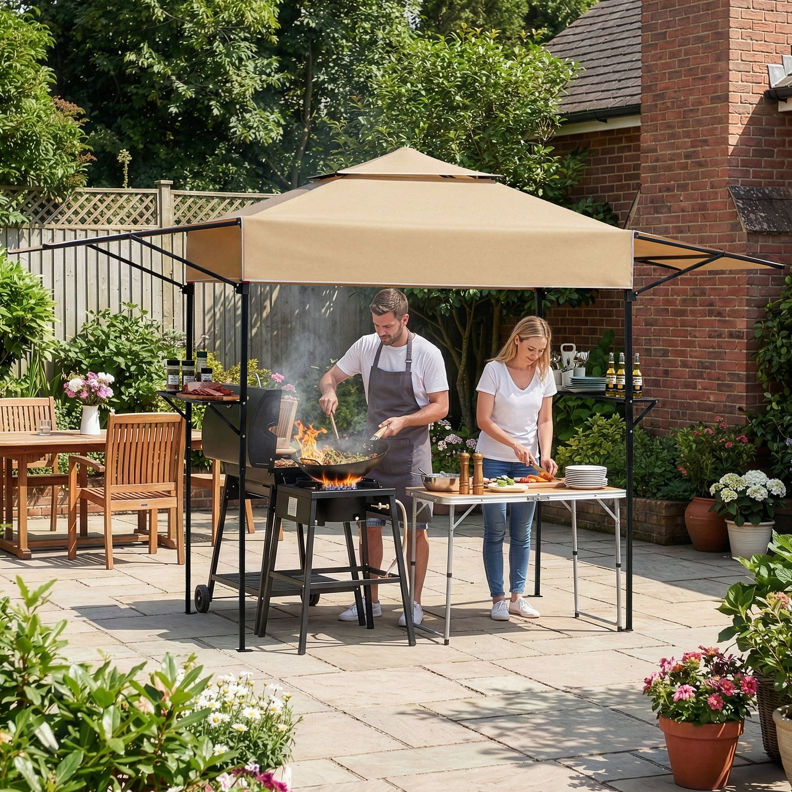 UBesGoo 12.5x3.3ft Grill Gazebo, Outdoor BBQ Gazebo with Storage Shelf,Double Tiered & Extra Adjustable Shadow,Khaki