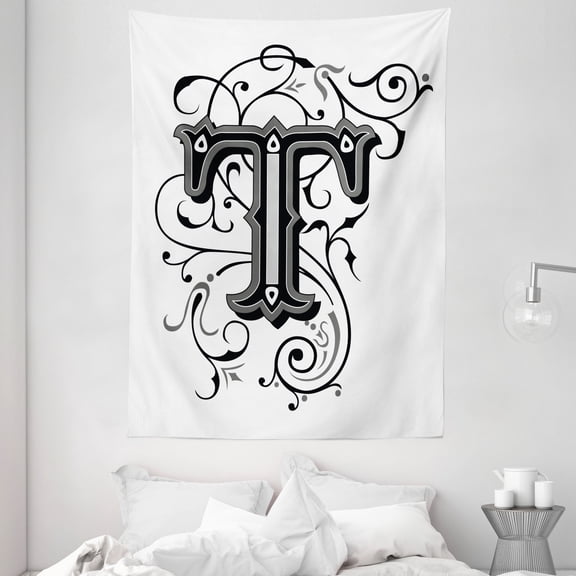 Letter T Tapestry, Symmetrical Uppercase Letter in Renaissance Art Style Ornamental Monochrome, Wall Hanging for Bedroom Living Room Dorm Decor, 60W X 80L Inches, Black Grey White, by Ambesonne