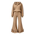 thumbnail image 5 of Szluipve 2 Piece Sets for Women Half Zip Hooded 2 Piece Tracksuit Set Long Sleeve Pullover Hoodie Top & Ruffle Hem Flare Wide Leg Pants Casual Loungewear Outfit with Pockets Khaki L, 5 of 8