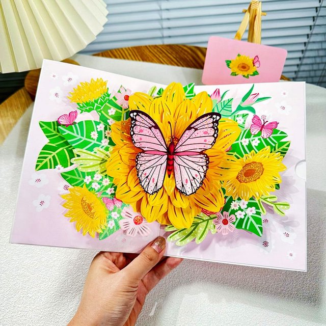 Tarjeta de felicitación de cumpleaños viento mariposa baile girasol alto sentido 3d día de la madre tarjeta tridimensional creativa hecha a mano