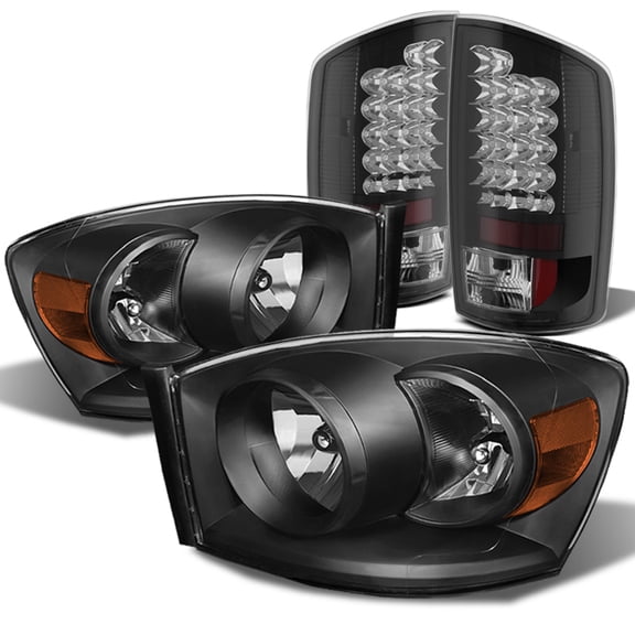 AKKON - For 2006 Dodge Ram Model 1500 2500 3500 Black Crystal Headlights  Black LED Tail Lights 4Pcs