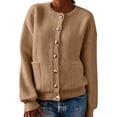 thumbnail image 2 of Women's Button Front Knit Cardigan, Round Neck Long Sleeve Sweater, Soft Open Front Cover Up, Casual Loose Fit Top, Cozy Fall Winter Layering Piece Khaki M, 2 of 5