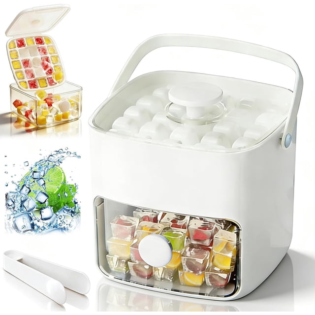 Handled Press-Type Ice Cube Tray, 48 Cube Ice Maker with Easy Press Lid, Quick Release Easy Demolding for Freezer, Built-In Storage Container