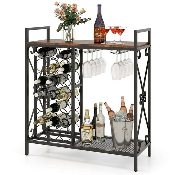 Costway 21 Bottle Wine Rack Freestanding Floor Wine Bottle Organizer with Storage Shelf Brown