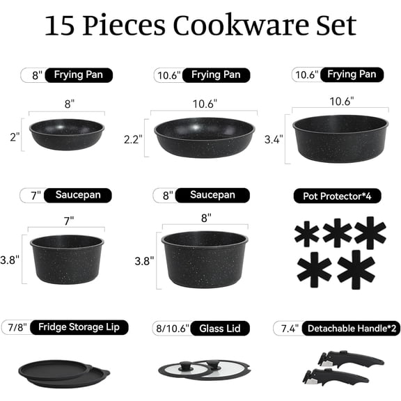 15PCS Non-Stick Cookware Set with Detachable Handles - Black