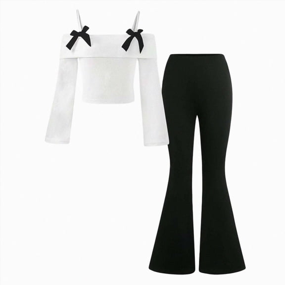 mgoYE Girls 2 Piece Outfit One-Shoulder Long Sleeve Top with Flared Pants