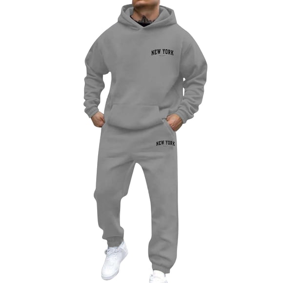 Men's Autumn Winter Casual Letter Print Hooded Sweatshirt and Joggers Outfit Set