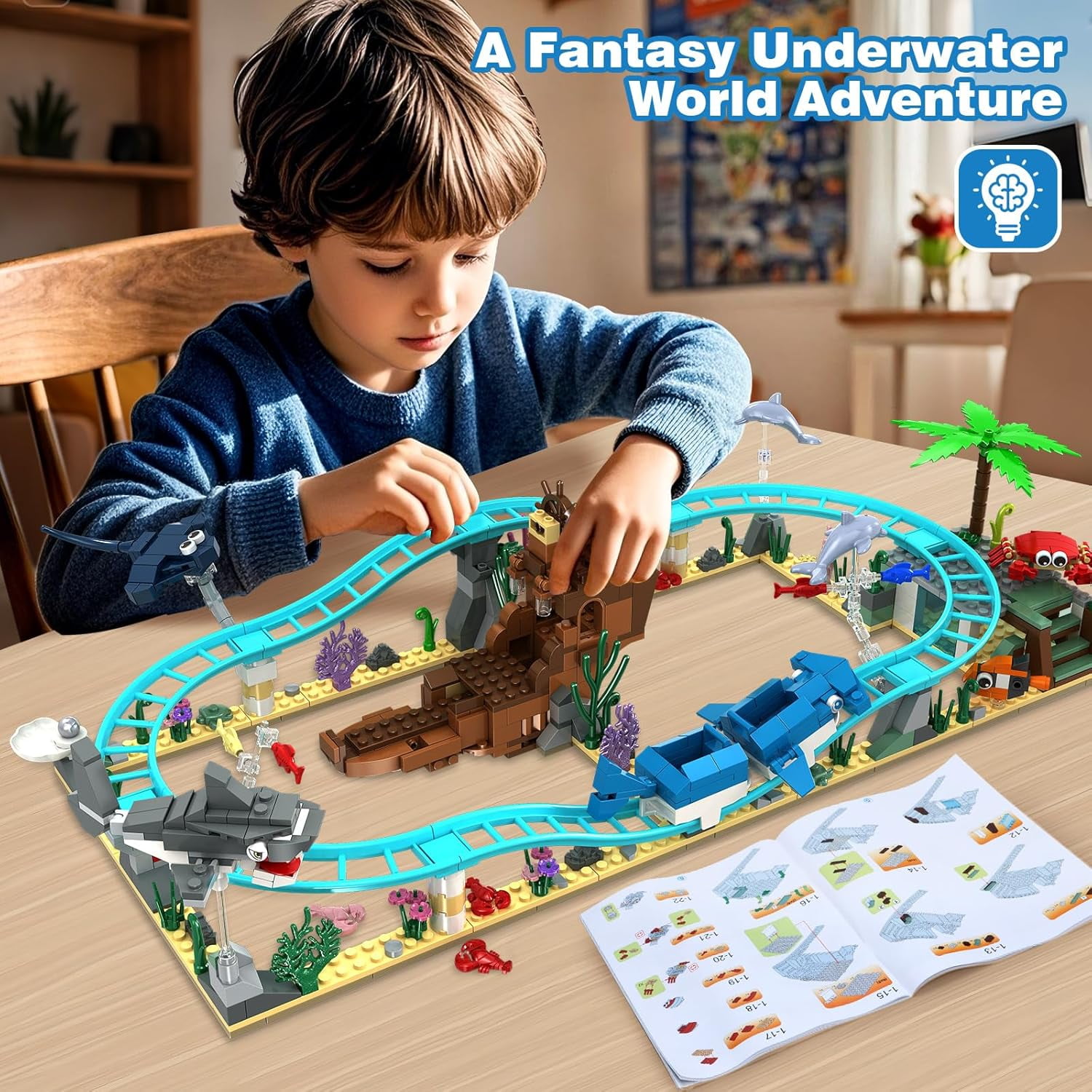 Ocean Roller Coaster, Explorer Ship Building Toy Set Compatible with Lego, Sea Animal Toys Gifts for Girls Boys with Transformations from Shark, Dolphin, Turtle, Fish building set