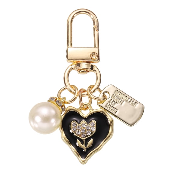 Heart Keychain Charm for Women, Metal Cute Heart Tulips & Pearl Purse Bag Charm for Car Keyring (Black/White/Gold)
