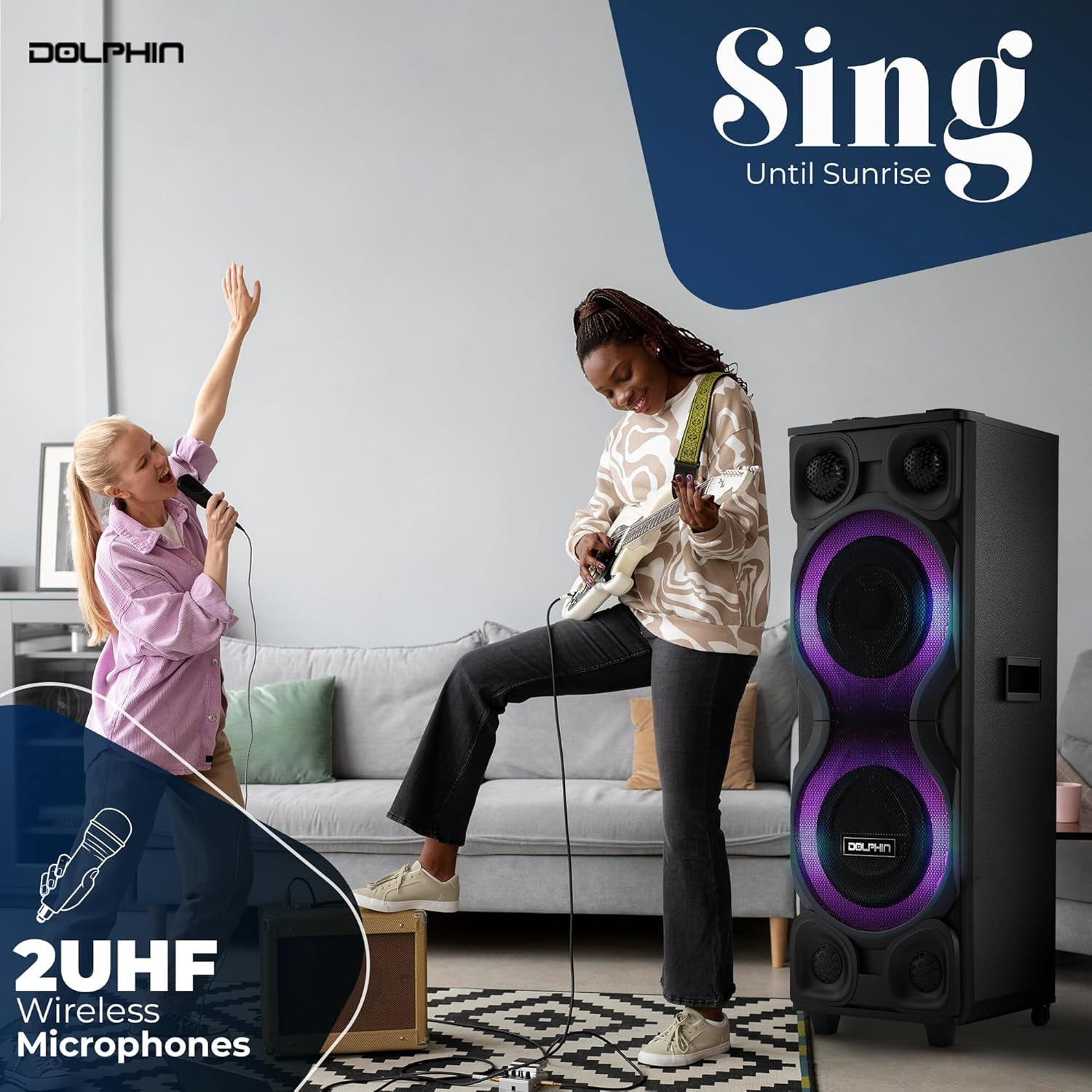 Dolphin SP-2250RBT High-Power Big Party Speaker – X-BASS, Strobe & LED Infinity Lights, Bluetooth, Wood Cabinet MDF, 2 UHF Wireless Mics, 120W, Long-Lasting Battery for DJ & Karaoke