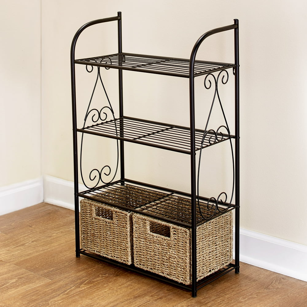 Decorative Metal Shelves With 2 Pullout Seagrass Baskets for Bathroom