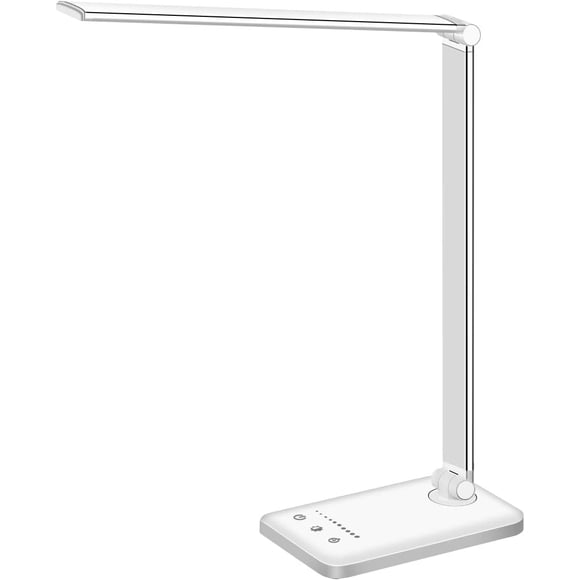 Lámpara de escritorio LED de corona blanca regulable con puerto USB, 5 modos