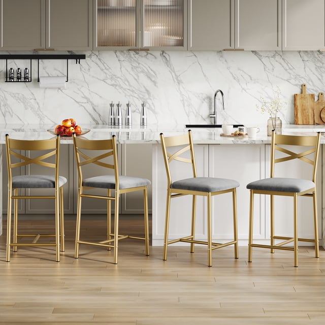 Juego de 2 o 4 Taburetes Altos para Barra de Cocina Tapizados en Terciopelo Gris Suave - Respaldo en X con Estructura Dorada y Reposapiés - Modernos y Cómodos