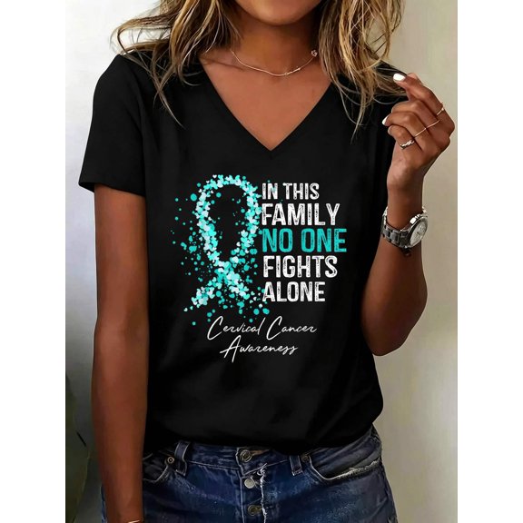 in This Family No One Fights Alone Shirt Cervical Cancer V Neck T-Shirt Cotton Women's V Neck Graphic Tee, Casual Short Sleeve Shirt,Vacation Outfit