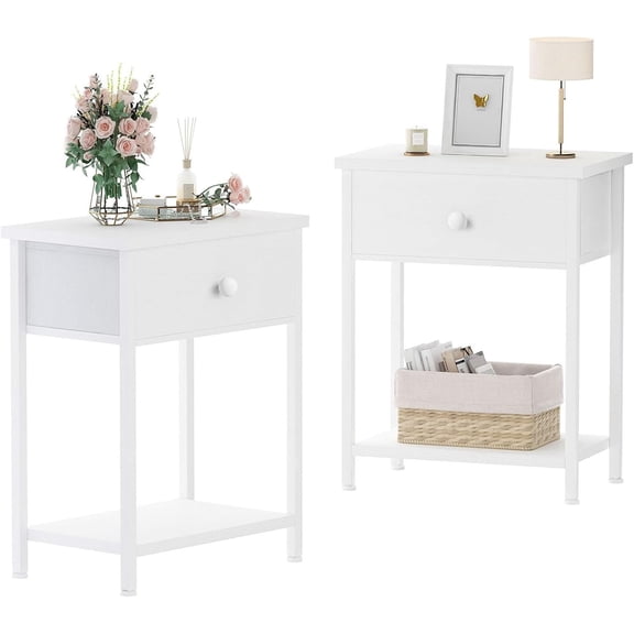 White Nightstands Set of 2, Small Night Stand Set 2 with Drawer and Shelf Storage for Bedroom, Dorm, Modern