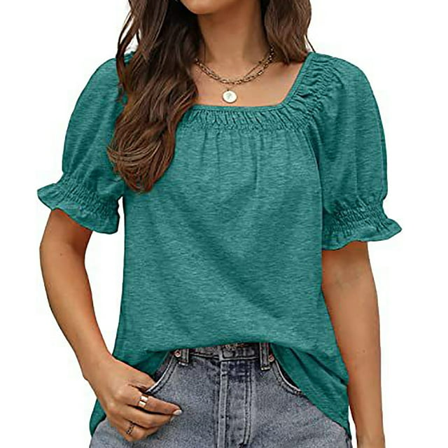 Drppepioner Womens Casual Solid Color Square Neck Short Sleeve Tops Blouses Green M