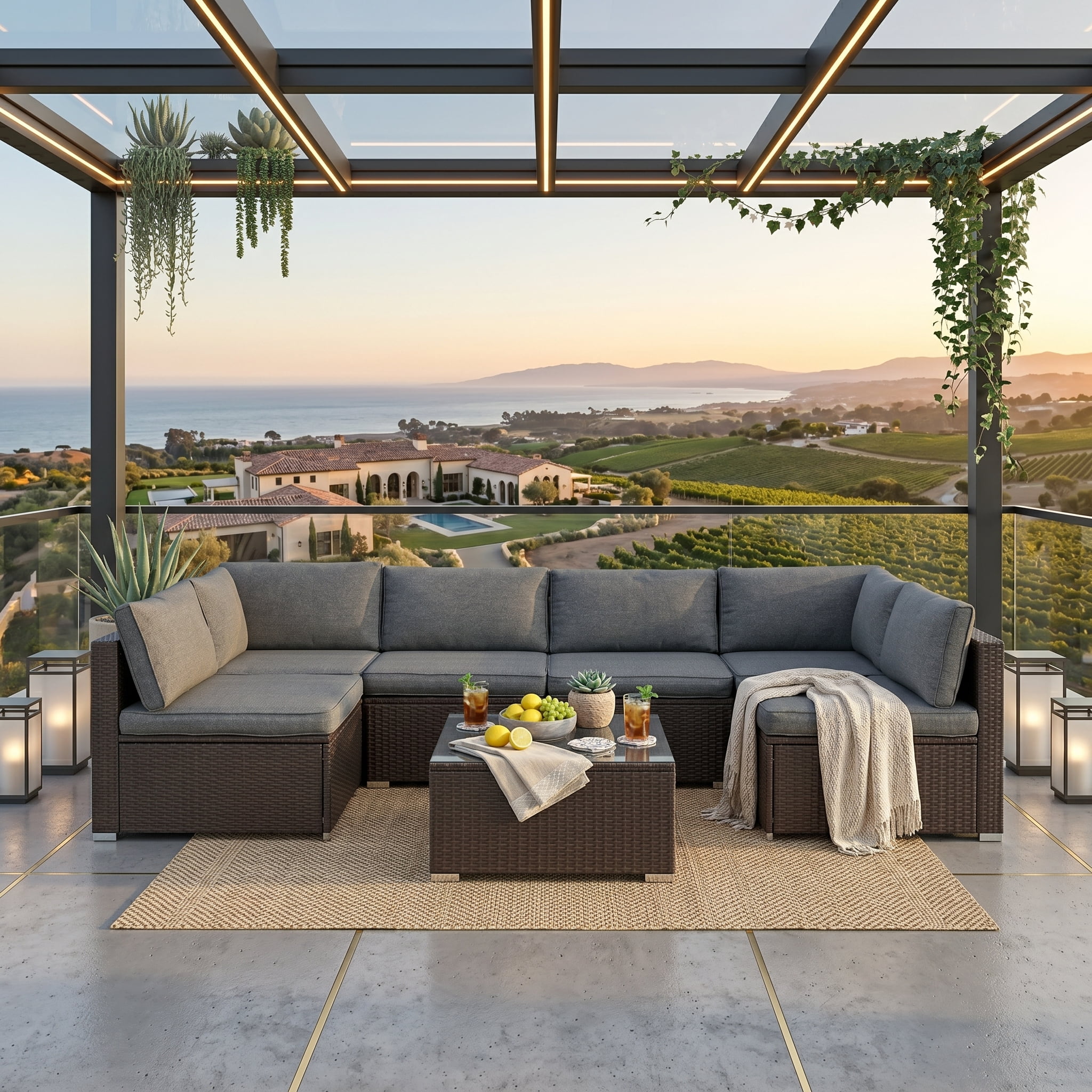 Howcool 7-Piece Modular Outdoor Patio Furniture Set with Cushions and Tempered Glass Table