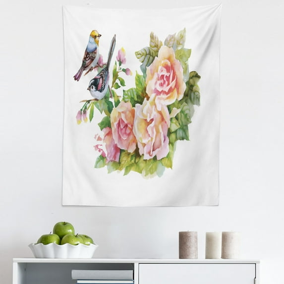 Garden Art Tapestry, Sparrows Perching on Rose Branches Romantic Aquarelle Style Bouquet Illustration, Fabric Wall Hanging Decor for Bedroom Living Room Dorm, 5 Sizes, Multicolor, by Ambesonne