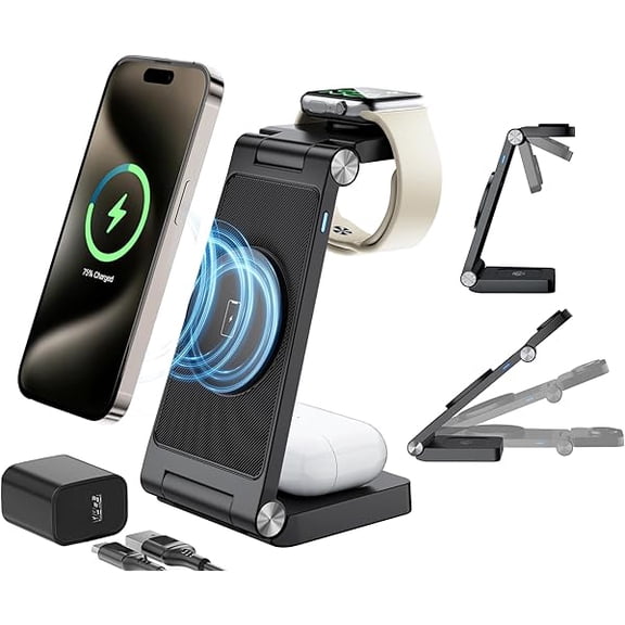 Magnetic Wireless Mag-Safe Charging Station, 3 in 1 Fast Max Charging for iPhone 16 15 14 13 12 Pro Max Plus, Apple Watch, Air Pods Pro - Space-Saving Multi-Device Stand (Black)