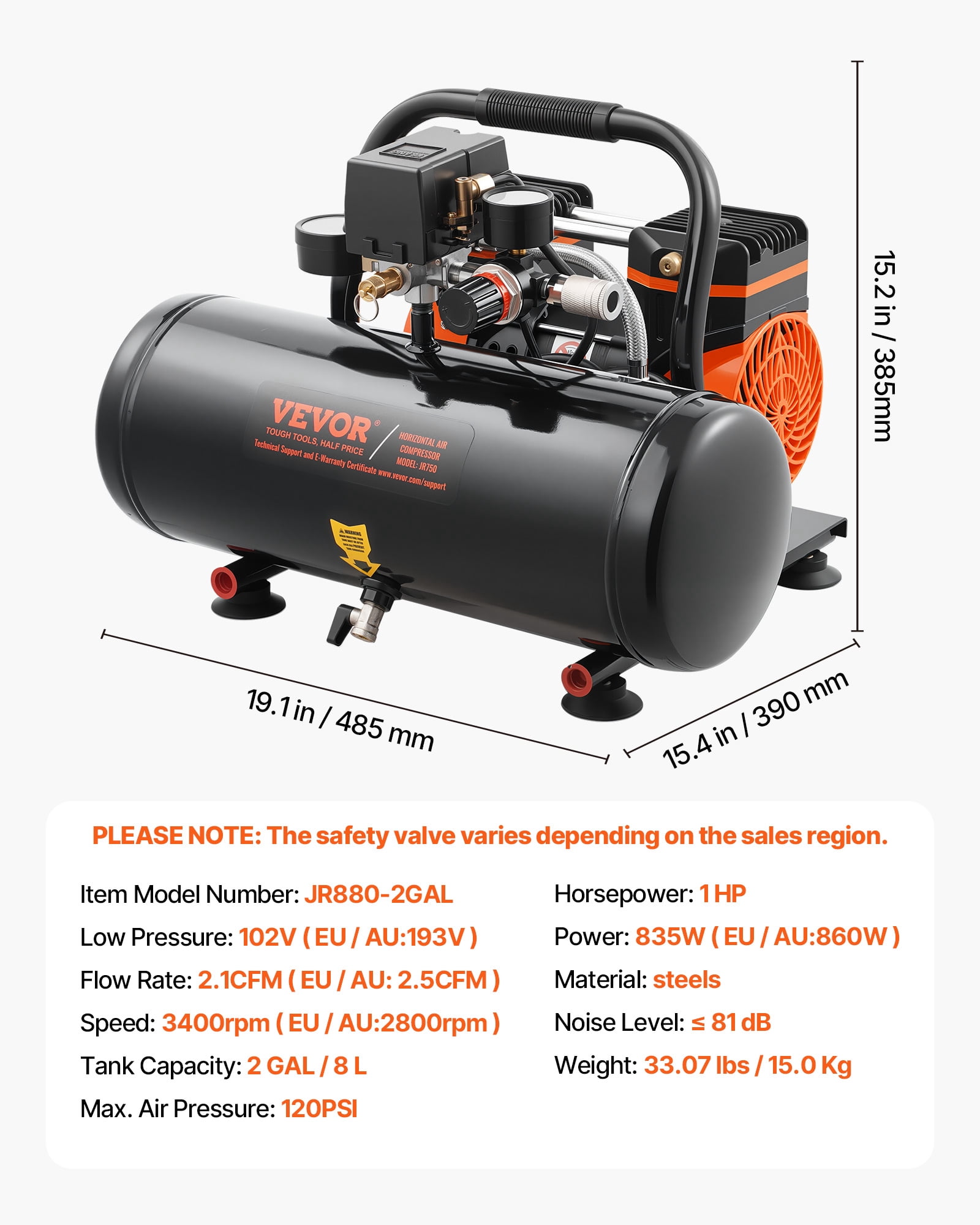 VEVOR Air Compressor, 2 Gallon Steel Tank, 1HP 2.1 CFM 8bar Oil Free Air Compressor & Max. 120PSI Pressure, 81dB Ultra Quiet Portable Compressor, for Auto Repair, Tire Inflation, Spray Painting