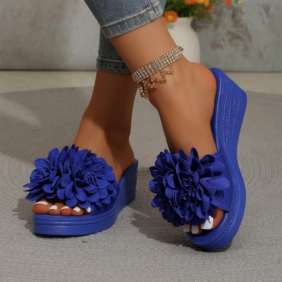 Woman House Slippers Women's Women's Fashionable Casual Summer Solid Color Floral Peep Toe Wedge Sandals,Blue,40