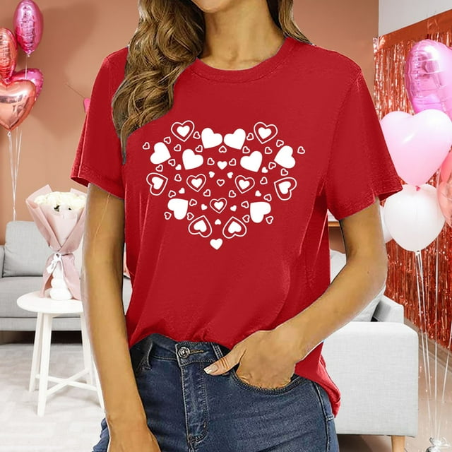 Chemises de Vacances pour Femmes Col Rond Manches Courtes Mode Imprimé Cœur T-Shirt Ample Léger Confortable Doux Chandail Tenues Rouge m