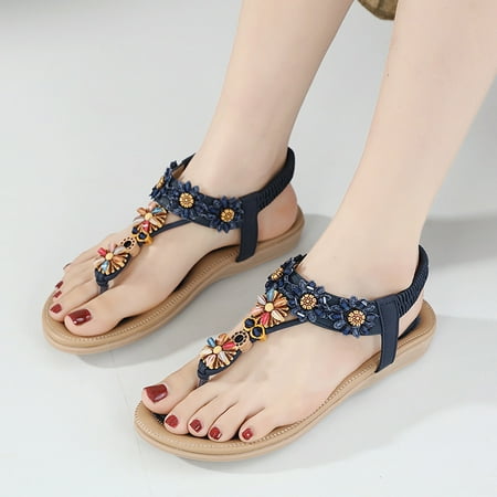 

Women Shoes Flats Shoes Women Sandals Comfort With Elastic Ankle Strap Casual Bohemian Beach Shoes Slip On Rhinestone Sandals Women Flats Open Toe Blue 8.5
