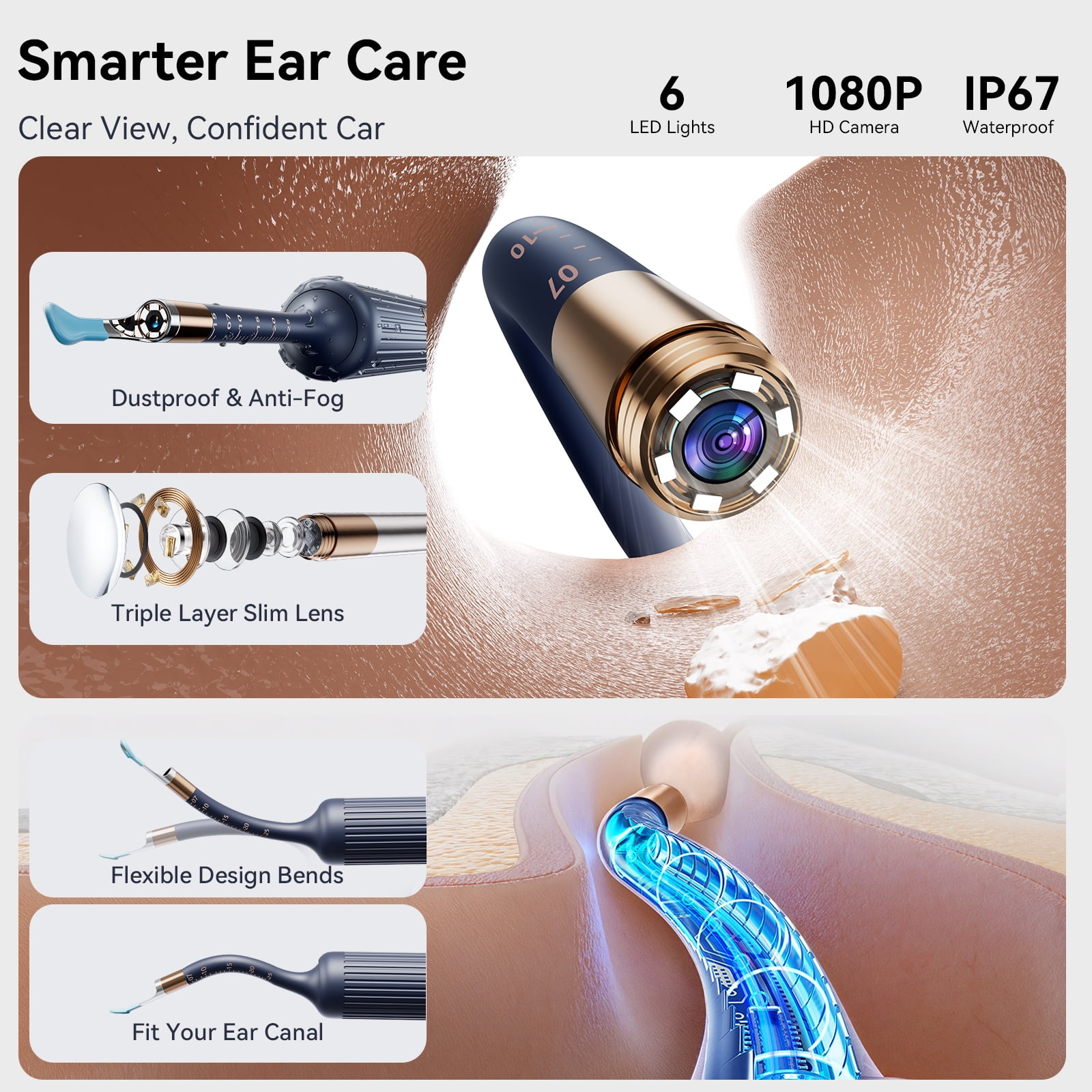 TCVOR Professional Ear Wax Removal Kit with Camera - 1080P HD Visual Ear Cleaner with Tweezers/Scooper/Scraper/Sponge/6 LED Lights Flexible Ear Otoscope - Portable Earwax Removal Tool for Home Use