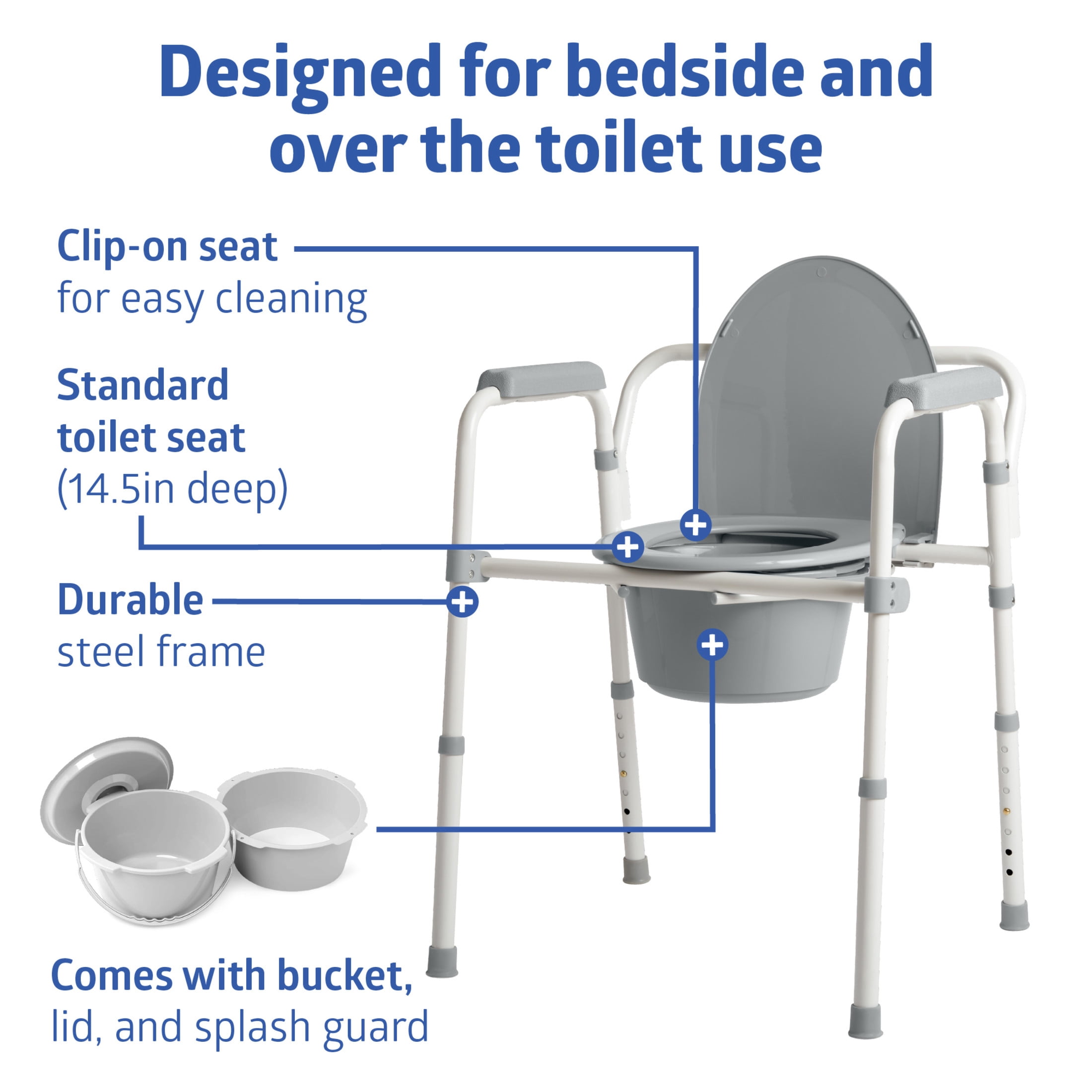 Medline Folding Steel Bedside Commode, Standard Seat, 350 lb Capacity, 3-in-1 Powder Coated Toilet Commode With 7 Qt. Bucket, Clip-on Seat, Easy Cleaning, Tool-Free Assembly, Height Adjustable
