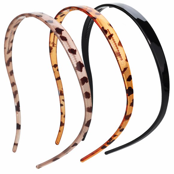 KOVOLITU Paquete de 3 diademas diseñadas para gafas, diademas flexibles sin presión para mujeres, patrón de leopardo, cómodas diademas de plástico con dientes, negro, gris y marrón