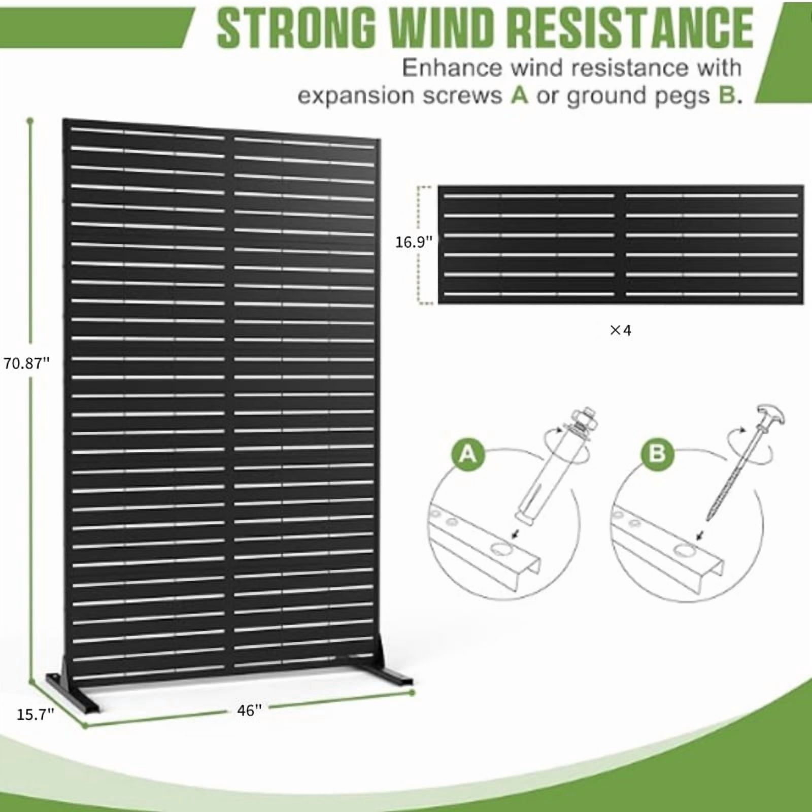Leumius 70.87" Metal Outdoor Privacy Screen,All Weather Freestanding Slatted Patio Fence Divider, Decorative Balcony Backyard Deck Screen,Black