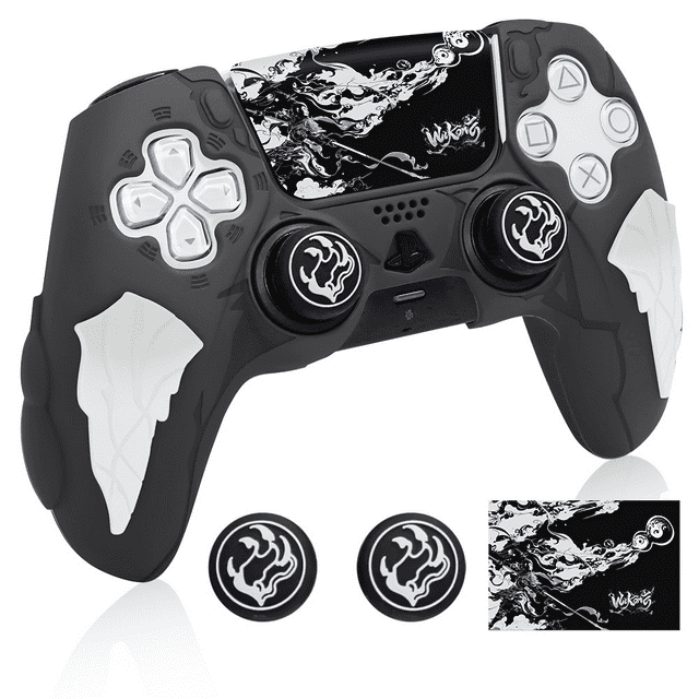 Silicone Case and Joystick Caps for PS5 DualSense Controller in Wukong Black/White design. The anti-slip, shockproof silicone case features decorative stickers and joystick caps with flame patterns for enhanced grip and customization. Controller not included.