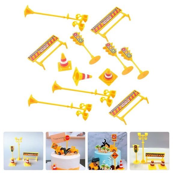 FRCOLOR 3Sets Construction Road Sign Cake Topper Assorted Color Decorative Ornaments for Party Cakes