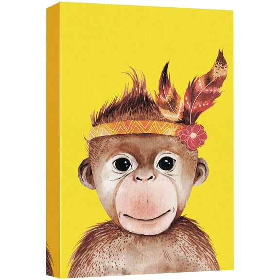 wall26 Canvas Print Wall Art Watercolor Cartoon Orangutan with Flower Crown Animals Wildlife Illustrations Pop Art Chic Portrait Colorful for Living Room, Bedroom, Office - 32"x48"