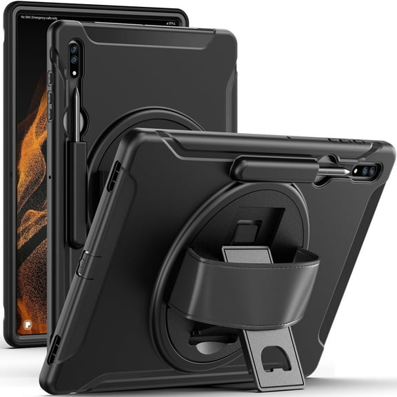 Dteck Heavy Duty Shockproof TPU Case For Samsung Tab S8 Ultra 14.6" 2022 (SM-X900/X906) Protective Cover With Pen Holder Handle Rotating Kickstand Case,Black